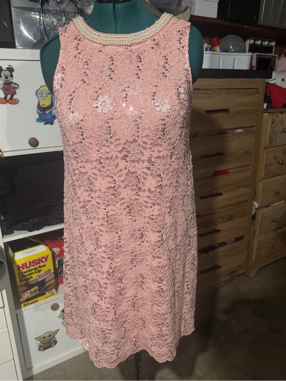 Studio One Pink Lace Shift Dress with Pearl Collar